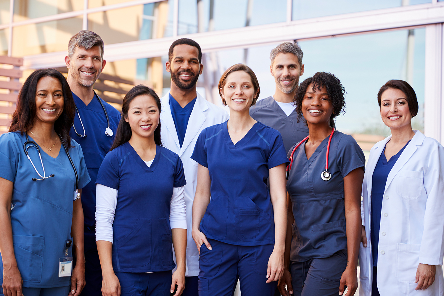 Diverse staff of 8 medical professionals