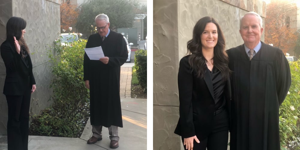 Two images depicting Jessica Thomason being sworn in as a WTJ associate by retired Justice Stephen J. Kane.